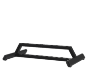 Structure métallique basse noire à deux niveaux inclinés, constituée de tubes rectangulaires avec rangées de trous circulaires, pieds arrondis et embouts, présentée sur fond gris uni.