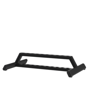 Structure métallique basse noire à deux niveaux inclinés, constituée de tubes rectangulaires avec rangées de trous circulaires, pieds arrondis et embouts, présentée sur fond gris uni.