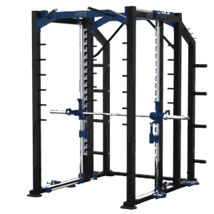 Station d'entraînement guidée LAROQ noire et bleue : structure acier, rails chromés pour barre guidée, barre olympique installée, sécurités ajustables et porte-disques latéraux, vue 3/4.