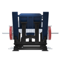 Machine hip thrust polyvalente pour l'entraînement des jambes. Traîneau guidé avec grande plaque de poussée inclinée, siège et dossier rembourrés bleu, rouleaux de maintien ajustables pour les cuisses, châssis robuste en acier noir avec rangement intégré pour disques et plusieurs porte‑disques latéraux équipés de disques LAROQ 25 kg. Base stable et éléments d'ajustement visibles pour un usage intensif. Vue arrière
