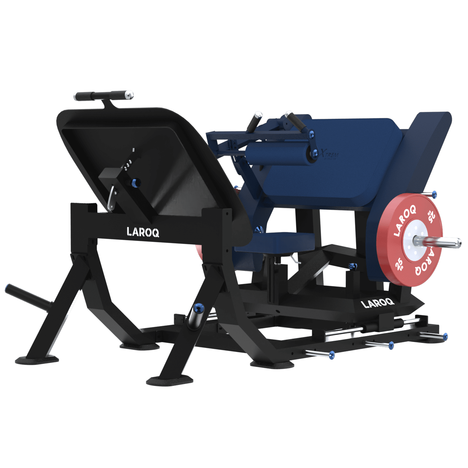 Machine hip thrust polyvalente pour l'entraînement des jambes. Traîneau guidé avec grande plaque de poussée inclinée, siège et dossier rembourrés bleu, rouleaux de maintien ajustables pour les cuisses, châssis robuste en acier noir avec rangement intégré pour disques et plusieurs porte‑disques latéraux équipés de disques LAROQ 25 kg. Base stable et éléments d'ajustement visibles pour un usage intensif. Vue ¾