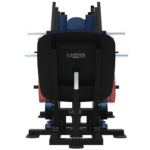 Station hack squat et leg press 45° LAROQ. Châssis acier noir, large dossier et traîneau guidé bleu (logo XTREM), plateforme antidérapante, porte-disques latéraux avec disques bumper rouges 25 kg, Vue arrière.