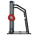 Station d'entraînement guidée LAROQ noire et bleue sur fond clair : structure acier, barres guides chromées, barre longue avec colliers et disques bumper rouges, supports de rangement latéraux, vue de profil.