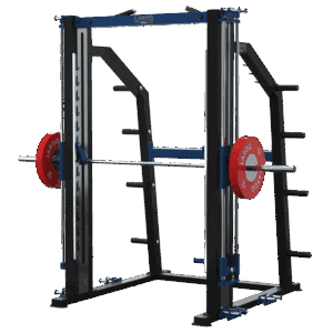 Station d'entraînement guidée LAROQ noire et bleue sur fond clair : structure acier, barres guides chromées, barre longue avec colliers et disques bumper rouges, supports de rangement latéraux, vue 3/4.