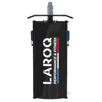 Machine de musculation multi-poste noire avec siège et rembourrages bleus marqués «LAROQ», poulies visibles, barre lat pulldown en haut et empilement de poids logé dans une tour. Vue de profil