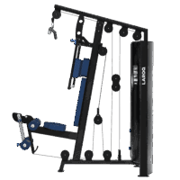 Machine de musculation multi-poste noire avec siège et rembourrages bleus marqués «LAROQ», poulies visibles, barre lat pulldown en haut et empilement de poids logé dans une tour. Vue de profil