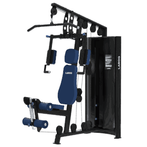 Machine de musculation multi-poste noire avec siège et rembourrages bleus marqués «LAROQ», poulies visibles, barre lat pulldown en haut et empilement de poids logé dans une tour. Vue ¾