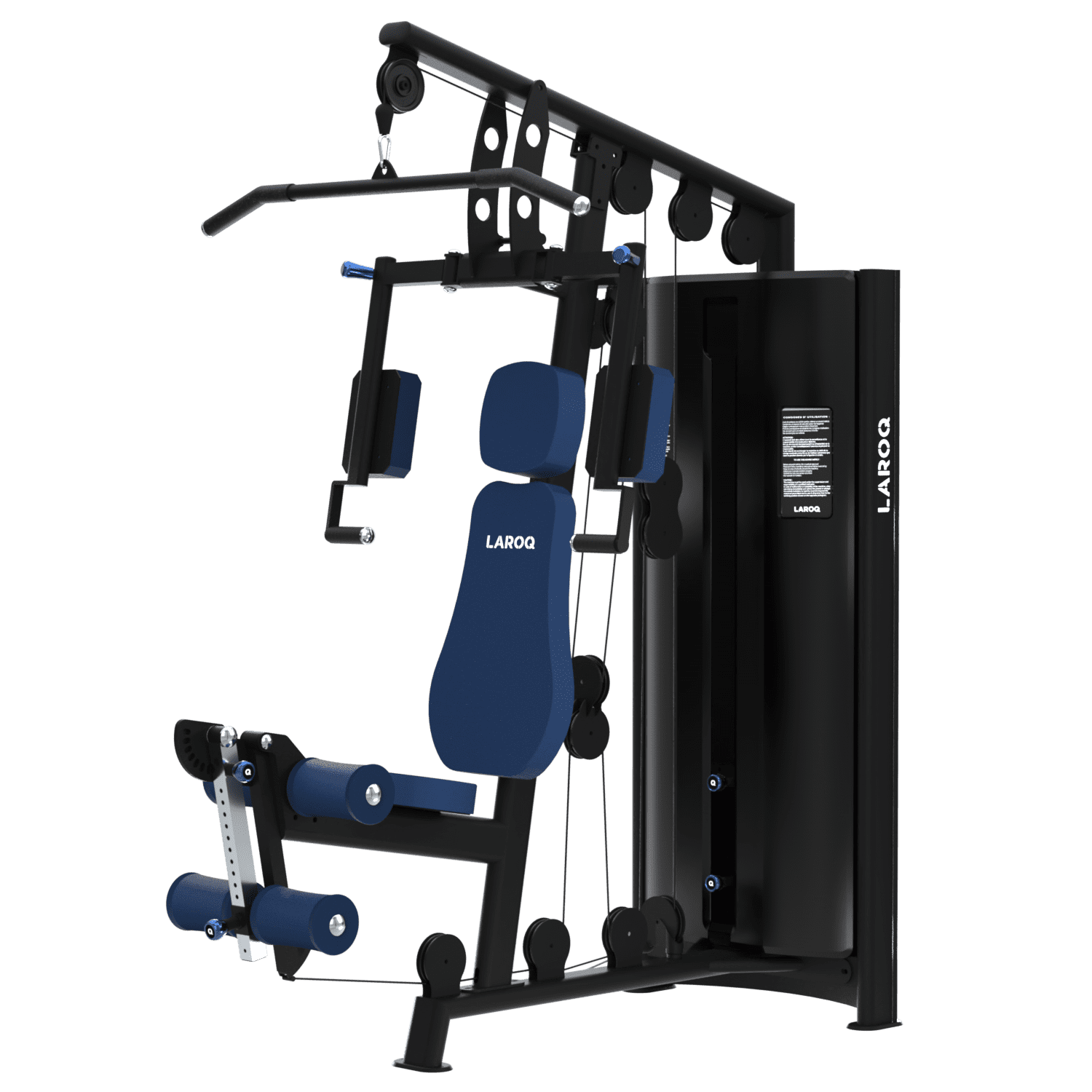 Machine de musculation multi-poste noire avec siège et rembourrages bleus marqués «LAROQ», poulies visibles, barre lat pulldown en haut et empilement de poids logé dans une tour. Vue ¾