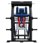 Station hack squat et leg press 45° LAROQ. Châssis acier noir, large dossier et traîneau guidé bleu (logo), plate-forme antidérapante, porte-disques latéraux avec disques bumper rouges 25 kg, réglages d'assise, vue arrière
