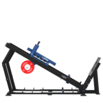 Station hack squat et leg press 45° LAROQ. Châssis acier noir, large dossier et traîneau guidé bleu (logo), plate-forme antidérapante, porte-disques latéraux avec disques bumper rouges 25 kg, réglages d'assise, vue profil.