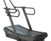 Tapis de course incurvé CMTD09, avec surface en lattes noires et doubles rampes de maintien de chaque côté