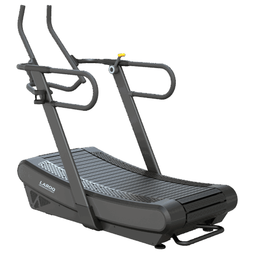 Tapis de course incurvé CMTD09, avec surface en lattes noires et doubles rampes de maintien de chaque côté