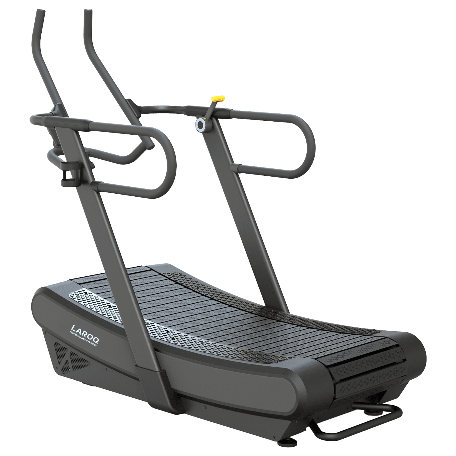 Tapis de course incurvé CMTD09, avec surface en lattes noires et doubles rampes de maintien de chaque côté