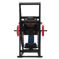 Presse à jambes inclinée 45° LAROQ . Châssis acier noir, traîneau guidé bleu avec plateforme antidérapante, siège rembourré réglable, porte-disques latéraux et disques bumper rouges, vue arrière