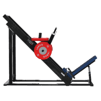 Presse à jambes inclinée 45° LAROQ . Châssis acier noir, traîneau guidé bleu avec plateforme antidérapante, siège rembourré réglable, porte-disques latéraux et disques bumper rouges, vue profil