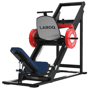 Presse à jambes inclinée 45° LAROQ . Châssis acier noir, traîneau guidé bleu avec plateforme antidérapante, siège rembourré réglable, porte-disques latéraux et disques bumper rouges, vue 3/4.