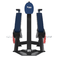 Machine de développé assis XTREM par LAROQ — cadre en acier noir, siège et dossier rembourrés bleu marine, bras articulés avec poignées et disques rouges LAROQ. Vue arrière