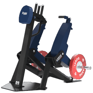 Machine de développé assis XTREM par LAROQ — cadre en acier noir, siège et dossier rembourrés bleu marine, bras articulés avec poignées et disques rouges LAROQ. Vue ¾