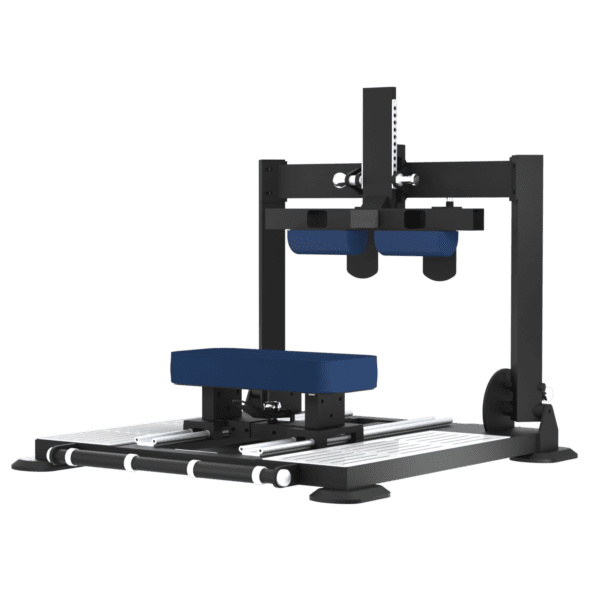 Machine de musculation noire sur plateforme grise, siège rembourré bleu centré, deux montants verticaux, traverse ajustable avec vis chromées, coussins cylindriques bleus et rails métalliques.