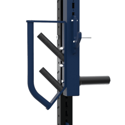 Poignée multi-positions bleue fixée à un montant noir, deux poignées inclinées rembourrées noires, manchon cylindrique noir horizontal, vis et repères de trous visibles.